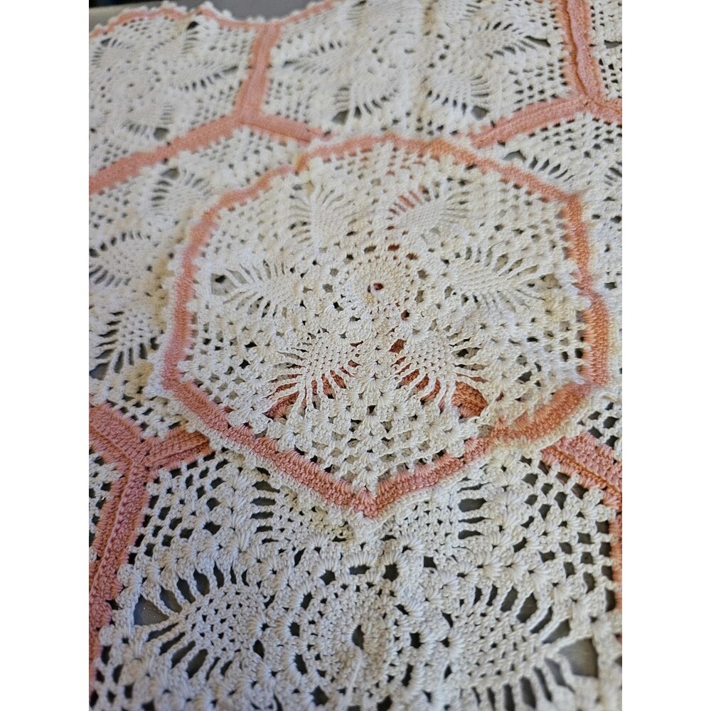 Handmade Crochet Lace Doily 19 x 14 Inch Peach Hexagon Table Accent